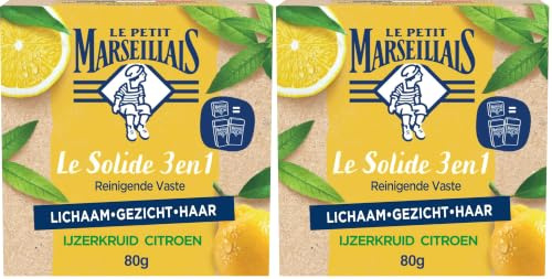 Le Petit Marseillais Solido 3 in 1 naturale Bio Limone Erba Ferro per doccia e shampoo per viso, bar biologico e rinfrescante senza sapone, pH neutro con profumo delicato, 1 x 80 g (Confezione da 2)