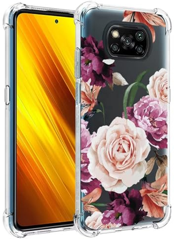 Jhxtech Handyhülle für Poco X3 NFC/Poco X3 Pro/Poco X3 Mädchen Frauen, schlank, stoßfest, klar, Blumenmuster, weich, flexibel, TPU, Schutzhülle für Xiaomi Poco X3 NFC, lila Blume