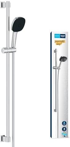 GROHE Vitalio 110, Duschset wassersparend, 8l pro Min (Duschstangenset mit: Duschkopf 3 Strahlarten, 1,75m Schlauch, Duschstange 90cm, zum Kleben oder Bohren, ohne Kleber), eckig, chrom, 26932001