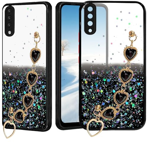 Yarxiawin für Samsung A50 hülle Transparent Glitzer Herz Handykette mit Band Aesthetic Muster, Handyhülle für Samsung Galaxy A50 Silikon Hülle Durchsichtig Schutzhülle Clear Case (Schwarz)