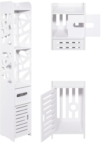 Home Collective Badezimmerschrank, Hochschrank, Platzsparend, Schmal 20 x 20 x 120 cm, mit 5 geräumigen Regalen, Papierfach, Schrank für Bad, in weiß