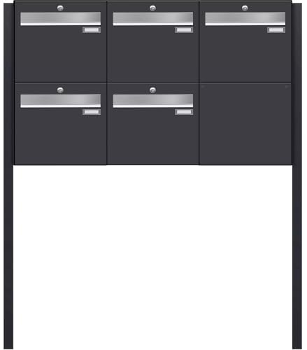 Frabox Briefkastenanlage 5fach Briefkasten freistehend XXL groß Standbriefkasten RAL 7016 5 Parteien Postkasten anthrazit-grau Mehrfamilienhaus Gewerbe ohne Zeitungsfach Made in Germany LUIS