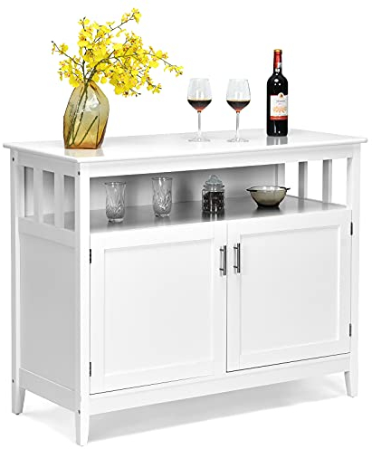 GOPLUS Küchenschrank aus Holz, Buffetschrank mit offener Ablage, verstellbarem Regal & Doppeltür, Stabiler Aufbewahrungsschrank mit Massivholzbeine, für Wohnzimmer, Küchen, 114 x 51 x 91 cm