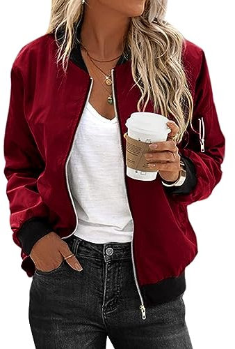 Zeagoo Veste Bomber Femme Courte Blouson d'Automne Veste Fine Veste Courte Basique Veste Pilote Veste Aviateur Veste de Printemps Veste de Transition Rouge Vin XXL