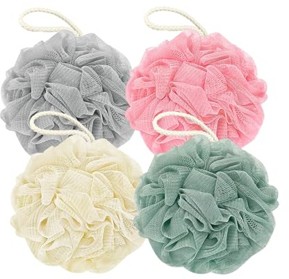 Rnoafmu Shower Loofah Bath Sponge, 60G Loofah Exfoliating Body Scrubber, 4 Color Mesh Shower Pouf Balls for Body Wash (Pink Green White Gray)