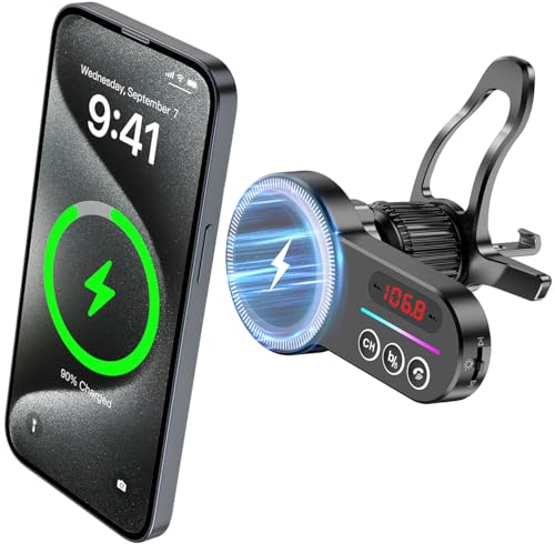 Kabelloser Bluetooth 5.3 FM Transmitter Autoadapter [Für Magsafe] mit 7 RGB Hintergrundbeleuchtung, Unterstützt TF/SD Karte/3.5mm AUX Musikwiedergabe (Grey)