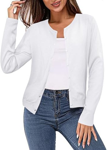 Irevial Cardigan Donna in Maglia Maglione Girocollo Leggero Elegante Con Bottoni Casual Maglieria Cappotto Giacca per Primavera Estiva Autunno Bianca XL