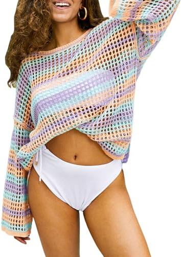 CUPSHE Damen Bikini Cover Up Sommer Häkel Oberteil Rundhals Langarm Seitenschlitz Lochmuster Candy Streifen Strandponcho Beach Cover Ups Regenbogenfarbe S