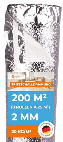 Trittschalldämmung mit Dampfsperre 200m² PREMIUM SILVER 2mm stark | 8 Rollen je 25m² | Schall- und Wärmedämmung für Parkett und Laminat | Fußbodenheizung geeignet