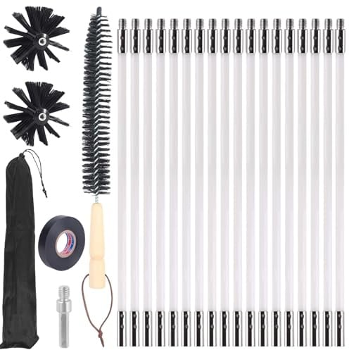 24 Stk Kaminbürste Stange Set mit 18 Flexible Stangen 410 mm + 2 Bürstenköpfen, Ofenrohrbürste Schornsteinbesen Reinigungsbürste Kaminbürste Zubehör für Kamin Trockner Vent Abwasserrohr