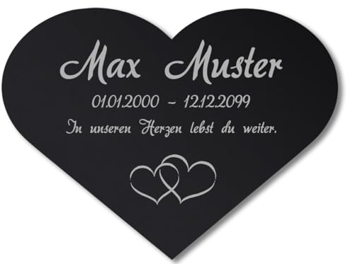 Paule Black Personalisierter Herz Grabschmuck Text Gravur - Acrylglas Schwarz Hochglanz 200 x 150 mm - wetterfest und wasserfest für Draußen und Innen, für Verstorbene, individueller Name und Spruch