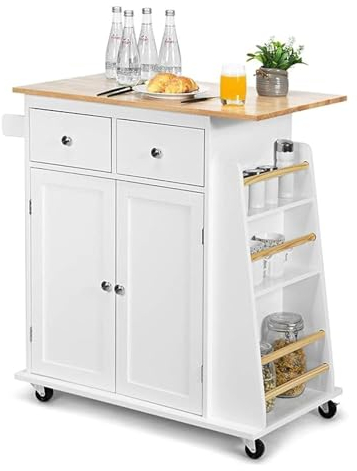 GOPLUS Kücheninsel mit Rollen, Servierwagen mit 2 Schubladen, 3-stöckigem Gewürzregal, Handtuchhalter Schrank, Gummiholz Arbeitsplatte & feststellbaren Rädern für Esszimmer Küchen (Weiß)