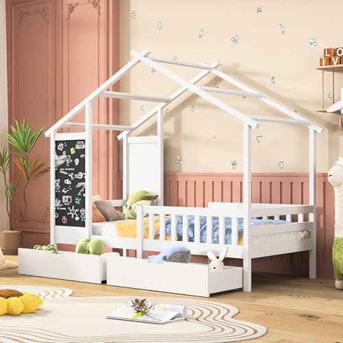 jeerbly Letto per bambini 90 x 200 cm, letto per bambini con 2 cassetti, 1 lavagna, protezione contro le cadute e rete a rotelle, letto singolo Montessori, letto singolo in pino, letto per ragazzi,