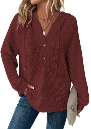 Cuptacc Oversize Pullover Damen V Ausschnitt Hoodie Einfarbig Yoga Sweatshirt Locker Soft Winter Oberteil Damen Mit Knopfleiste Weinrot XL 46-48