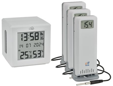TFA Dostmann TFA.me Starter Set Gateway mit 3 Temperatursender, 35.8104, zur Überwachung von TFA-ID Sendern, inkl online TFA.me Portal für PC/Smartphone/Tablet, mit Kabelfühler, Temperatur weiß