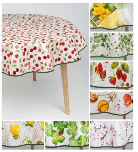 laro 140cm runde Wachstuch Tischdecke abwaschbar Wachstuchtischdecke mit Saum-Eingefasst-Paspelband, Muster:Kirsche Rot Weiß, Größe: Rund 140cm