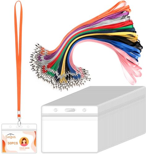 Segus Tour de Cou Porte Badge, 50 Pièces Cordon Tour de Cou avec Porte Badge Horizontal, Porte Carte Plastique Transparent, Lanyard avec Boucle Pivotante, pour Hôpital, Entreprise, École
