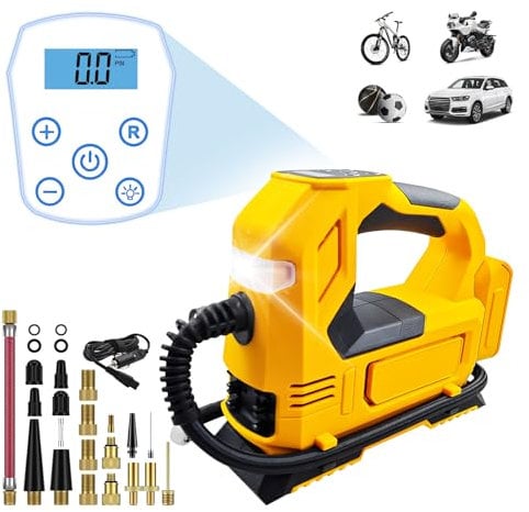 Compressore d'aria senza fili per batterie DeWalt da 20 V, max 150 psi, compressore d'aria senza fili, con cavo e ugelli per auto, con manometro digitale per pneumatici di auto e moto (senza batteria