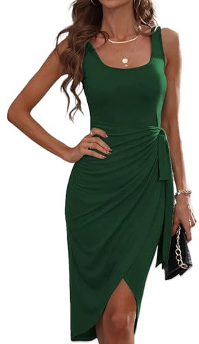 JFAN Robe Femme Ete col Rond Robe Femme Chic et Elegant sans Manches Mi Longue à Nœuds Vert S