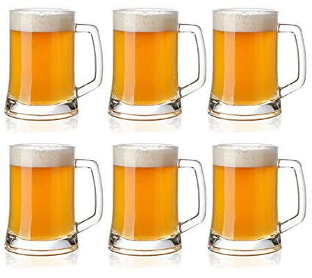 HEAGER El vaso de cerveza, Jarra de cerveza grande de 17 onzas, jarras de vidrio grandes con asa, jarras de cerveza de un litro, vasos de cerveza reutilizables, paquete de 6, jarra de cerveza