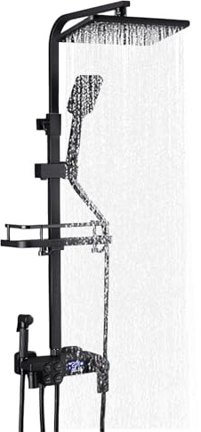 Duschsystem mit Thermosta und LED-Display, Duscharmatur Komplettset mit 30 X 19 CM Regendusche, 3 Funktion Handbrause, 85-125cm Verstellbare Duschstange (Schwarz)