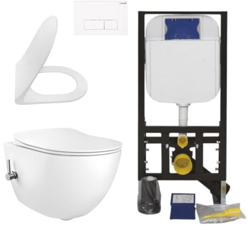 Creavit Wall-Mounted Toilet Set White Rimless with Bidet Soft Close Toilet Seat and 3/6 L Frame Element Flush-Mounted Cistern Ceramic