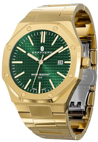 SAPPHERO Uhren Herren Quarzwerk Silber Edelstahl Armband 30M Wasserdicht Datum Kalender Silberblau Herrenuhren Armbanduhr Geschenke für Männer Goldgrün