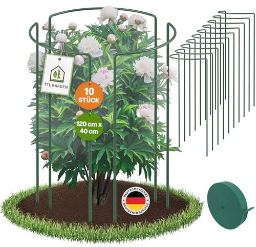 TTL GARDEN Strauchstützen 120cm x 40cm 10er Set + Klettband - Pflanzenstütze Stahl rostfrei Kunststoff beschichtet - Pflanzenhalter Staudenhalter Blumenhalter Hortensie Rose Pfingstrose Ø 5,5mm grün