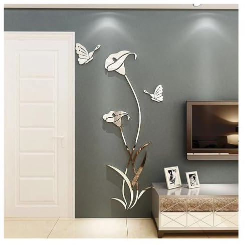 Wall Stickers 3D Mirror Flower Wall Sticker Large DIY Butterfly Lily Flower Wall Decal Murals for Living Room Bedroom TV Background Home Decor(Silver Left,XL 150x79cm)