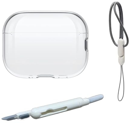 Cyberwork Transparent TPU Case mit Handschlaufe & Cleaning Pen, Anti-Yellowing Soft Clear, Stoßfest, unterstützt Wireless & USB-C Laden, kompatibel mit AirPods Pro 3