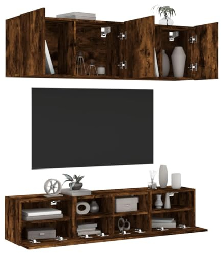 Holamys 5-TLG. Wohnwand Räuchereiche Holzwerkstoff, Wandmontage TV-Schrank Set, Modernes Entertainment Center, Vielseitige Medienkonsole für Wohnzimmer, Schlafzimmer, Büro, 40-80 cm Breite