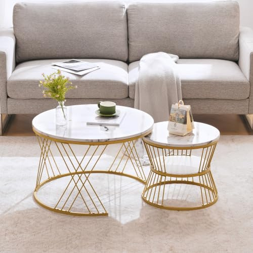 Merax Moderner Nesting Couchtisch Set 2er Set, Hochglanz Marmor Furnier, Runde Couchtische mit Goldenen Metallbeinen, Weiß, Ideal für Wohnzimmer und kleine Räume