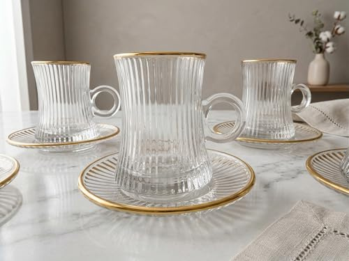 Générique Ensemble de Verres à Thé Turc avec Soucoupes, 6 Personnes, Verre Transparent avec Bordure Dorée, Tasses avec Anses