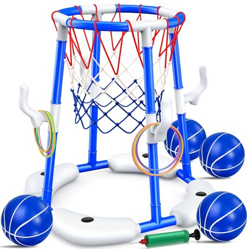 HaoVrisn Canasta de Baloncesto para Piscina, Juguetes Piscina 2 en 1, Juegos de Agua para Niños con 4 Pelotas Flotantes, 12 Anillas y Bomba, Juguete Veraniego Familiar para Fiesta en Piscina
