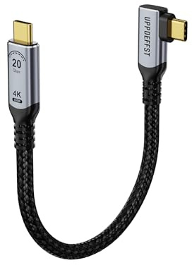 UPPDEFFST USB C to USB C Cable 90 Degree Right Angle 0.3 M Short, 100W PD3.1 20V/5A, 4K@120Hz, USBC Cable 3.2 Gen 2 20Gbps Nylon Braided Fast Charging Cable for Laptops, Docking Stations, SSDs & More