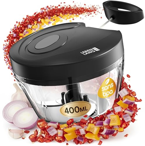 LEBENLANG Hachoir manuel legume & coupe oignon - Noir 1L mixeur manuel & BPA-Free I Moulinette manuelle Hachoir ail vegetable chopper Mini-robots et hachoirs a ficelle Eminceur legumes main 3 lames