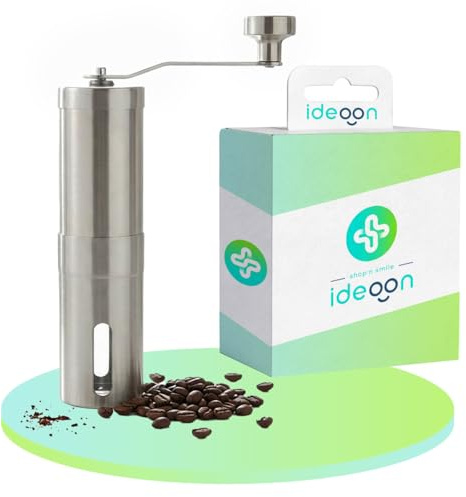 ideoon Robuste Handkaffeemühle Edelstahl mit Keramikmahlwerk, stufenlose Mahlgrad-Einstellung, abnehmbarer Griff, Kaffeemühle manuell für Espresso & Filterkaffee