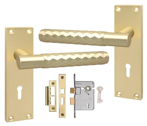 Golden Grace Victorian Knurled Lock Door Handle, Satin Brass, Key Lock Set | Includes spindles and fixing screws for quick setup, with a 150mm x 40mm backplate and classic T-bar diamond cut design.