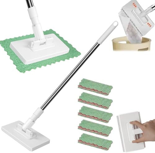 Disposables Dust Mop With 5 Reusable Cloth,Hands-Free Mini Mop,Lazy Mop,Mini Floor Mop with Automatic Cloth Changing & 360° Rotating Head,Wet and Dry Click Mops for Floor Wall Bathroom Kitchen(White