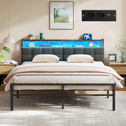 VASAGLE Metallbett 160 x 200 cm, mit Kopfteil, Stauraum und LED | Bettgestell mit Steckdosen, 218,3 x 160,5 x 104,5 cm, für Schlafzimmer, Mattschwarz, CONNER Kollektion RMB125G101