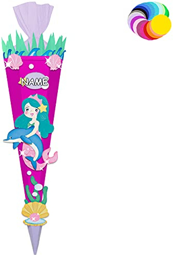 alles-meine.de GmbH Bastelset - Schultüte Farbe & Größe wählbar 70/85 / 100 cm - Meerjungfrau & Fische - inkl. Name - Farbe frei wählbar - Bastelschultüte - Zuckertüte zum ..