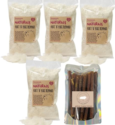 Hamster Bed Bundle contains Soft n Safe Bedding, Suitable for Hamsters, Mice and Gerbils, Pack of 4 x 20g and Apple Chew Sticks