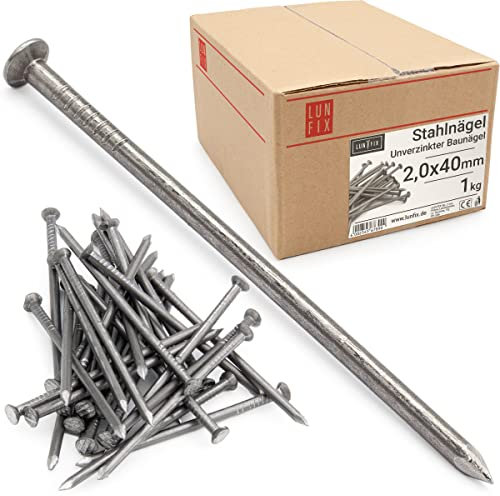 Lun Fix Stahlnägel 2 x 40 mm - 1kg (ca. 1000 stk.) Holznägel für Bauarbeiten Unverzinkter Baunägel Nägel 40mm lang Drahtstifte Nägel Senkkopf blank unverzinkt für Tischlerarbeiten, DIY, crafts