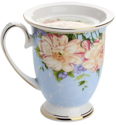 eKsdf Tazza da caffè in porcellana da 300 ml, con coperchio e manico, con motivo floreale, tazza pomeridiana di alta qualità, tazza da tè (blu)