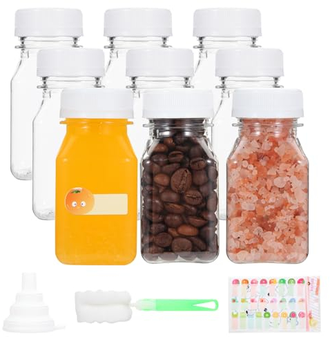 Fisynug 9Pcs 4oz/120ml Plastic Juice Bottles with Lids, Reusable Shot Bottles with Label, Funnel and Brush,for Storing Juices, Water,Milk