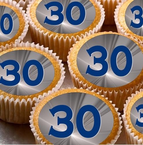 24 blue grey silver 30th edible birthday party Cupcake Cake Toppers Wafer Rice Paper precut decoration