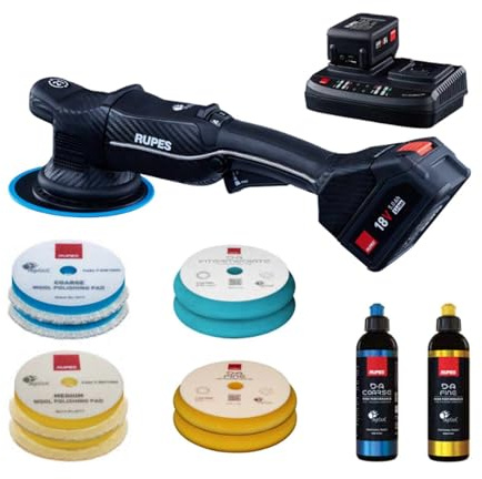 RUPES HLR21 BigFoot iBrid Random Orbital Polisher Basic Kit - Includes Dual Charger, 2 Batteries, D-A Series High Performance Polishing Pads & Compounds