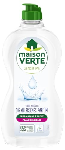 Maison Verte - Sensitive - Liquide Vaisselle - 0% Allergènes Parfum - Dégraissant à Froid - Pour Peaux Sensibles - 95% d'ingrédients d'origine naturelle - 500ml
