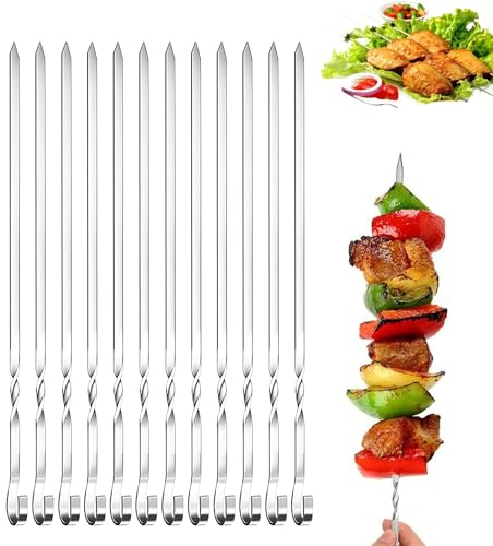 Kebab Skewers, 12PCS BBQ Metal Skewers Stainless Steel Grilling Skewers, Reusable Metal Skewer Barbecue Cooking Sticks for BBQ, Meat and Vegetable, Party Essentials, 30cm