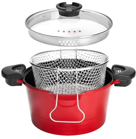 ROSSETTO Faitout Marmite Cuiseur à pâtes Revêtement antiadhésif Friteuse avec Panier Tous Feux Dont Induction Rouge 24cm